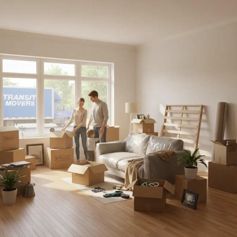 Scène réaliste de déménagement avec cartons, meubles et camion, famille organisant les cartons dans un appartement lumineux