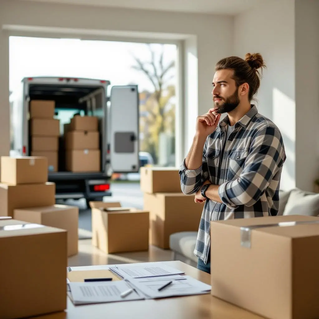 Particulier hésitant entre déménager seul ou avec un déménageur professionnel, entouré de cartons et meubles, planning ou check-list visible, camion de déménagement à l’extérieur