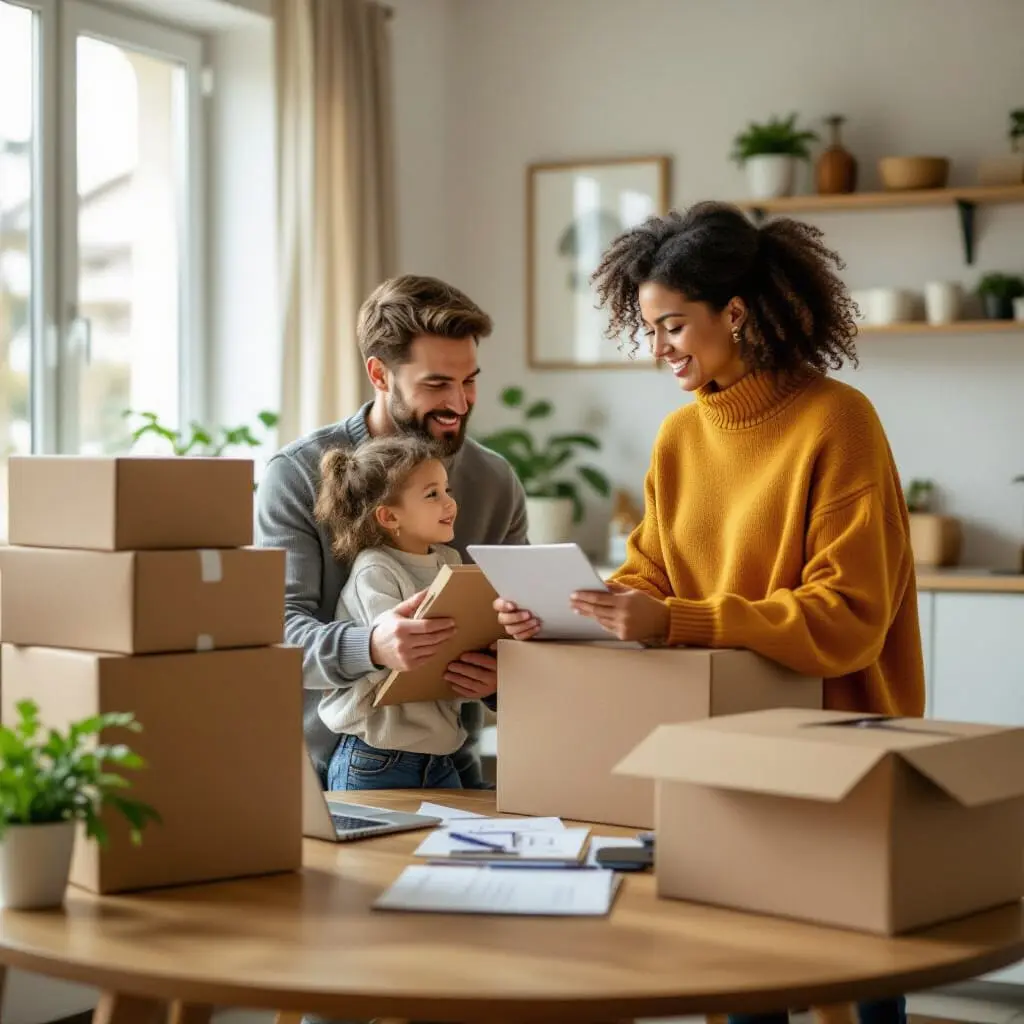 Particulier organisant son déménagement avec cartons empilés, check-list et planning visible, illustrant l'importance d'une bonne organisation