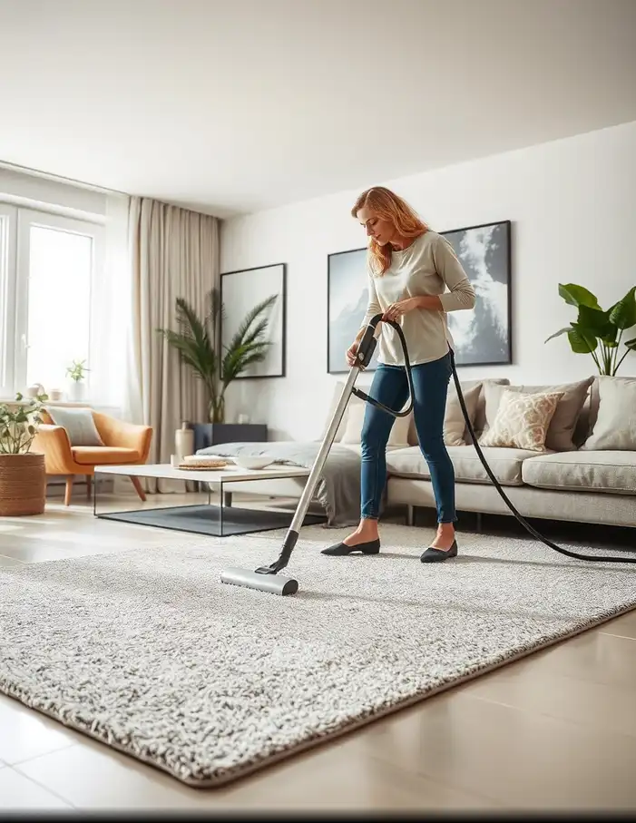 Entretien de tapis dans un salon moderne avec aspirateur pour préserver la propreté et la durabilité des fibres