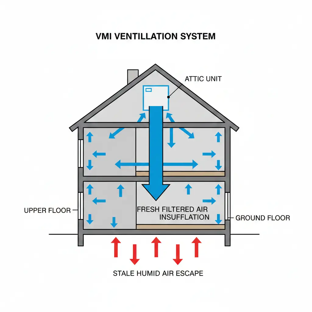 Schéma simplifié de maison en coupe illustrant le principe de la VMI avec insufflation d’air neuf