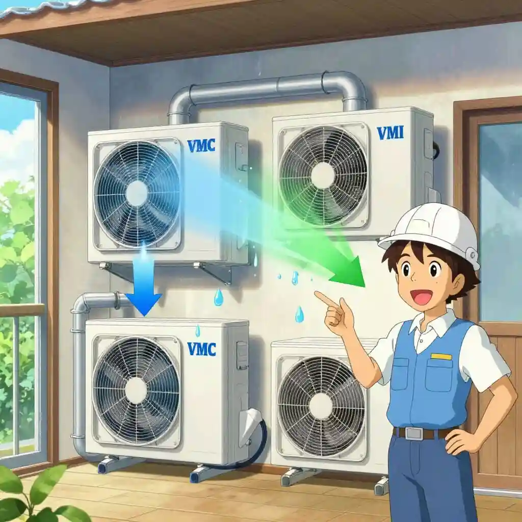 Illustration style manga montrant la ventilation VMI et VMC dans une maison pour réduire l’humidité