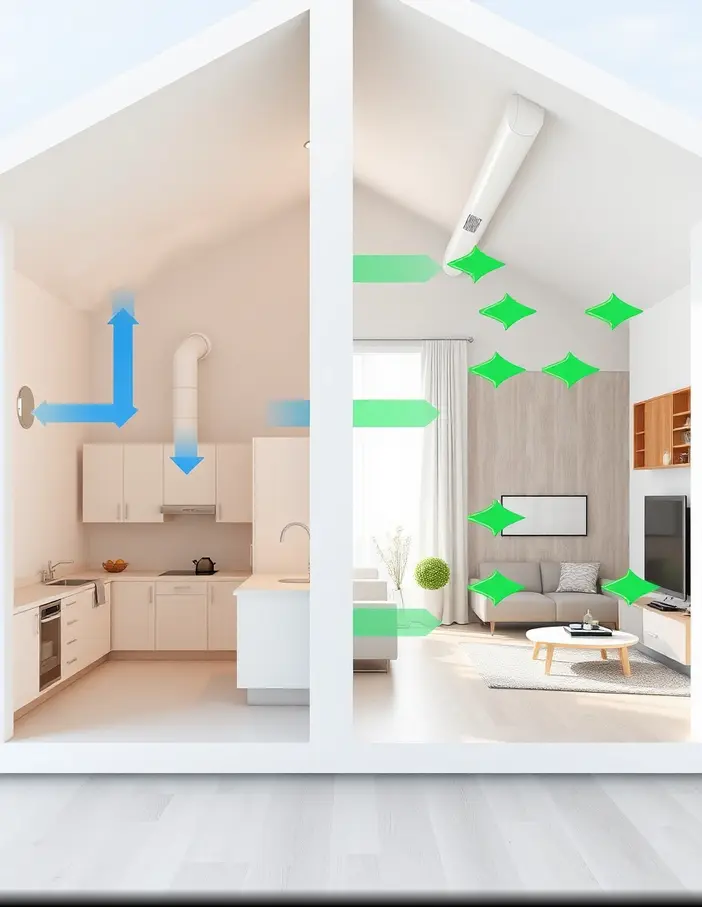 Différence entre VMI et VMC : schéma de ventilation maison montrant l’insufflation d’air neuf et l’extraction de l’air vicié