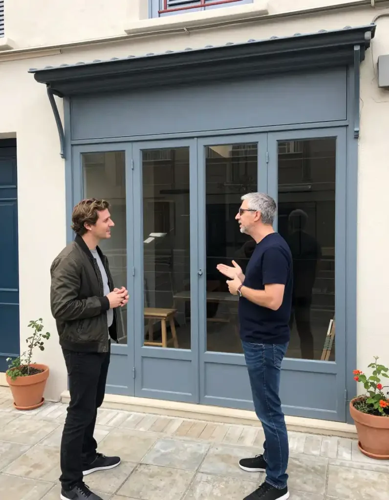 personnes discutants de l'epaisseur des double-vitrages pour l'isolation veranda