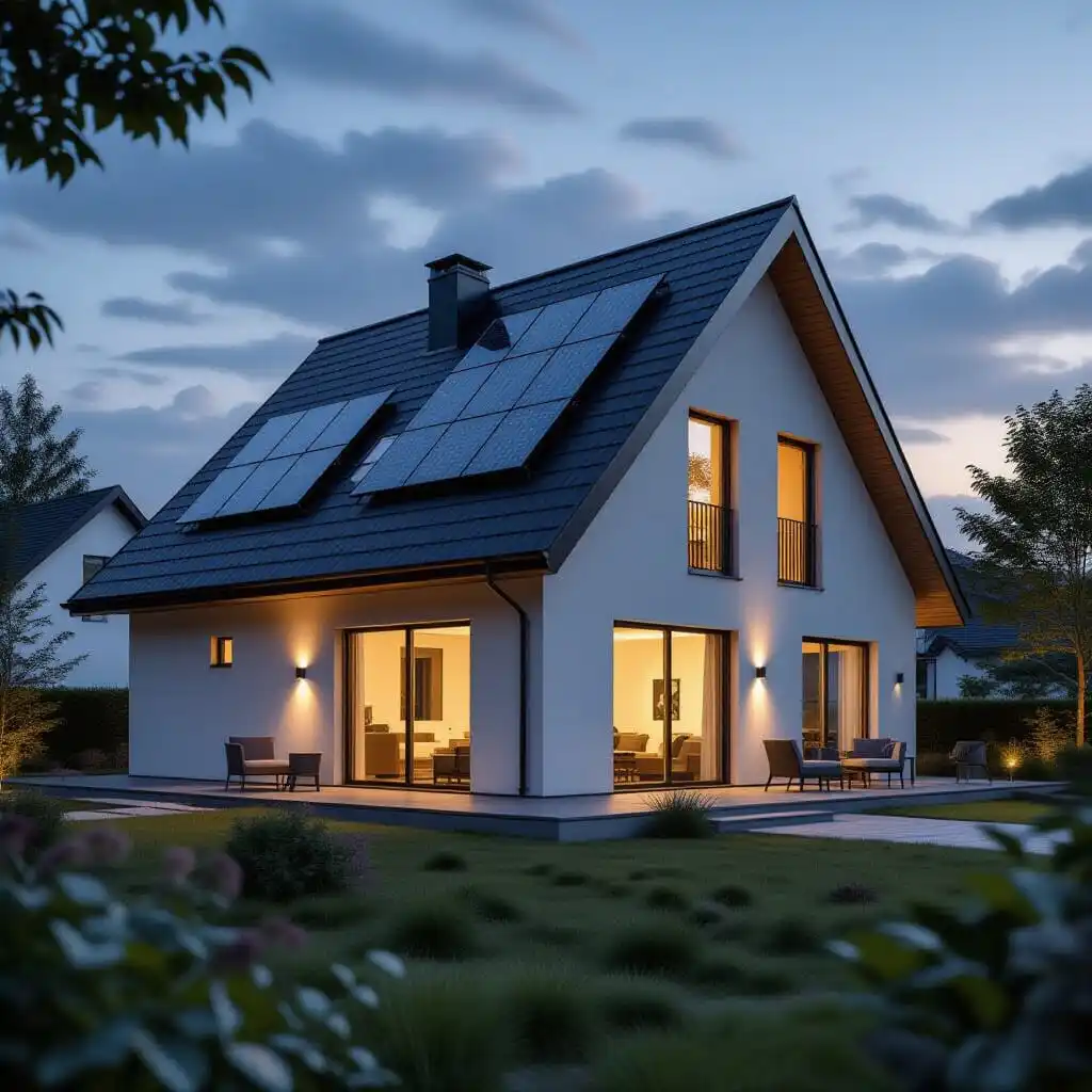 Maison moderne avec panneaux solaires installés sur le toit.