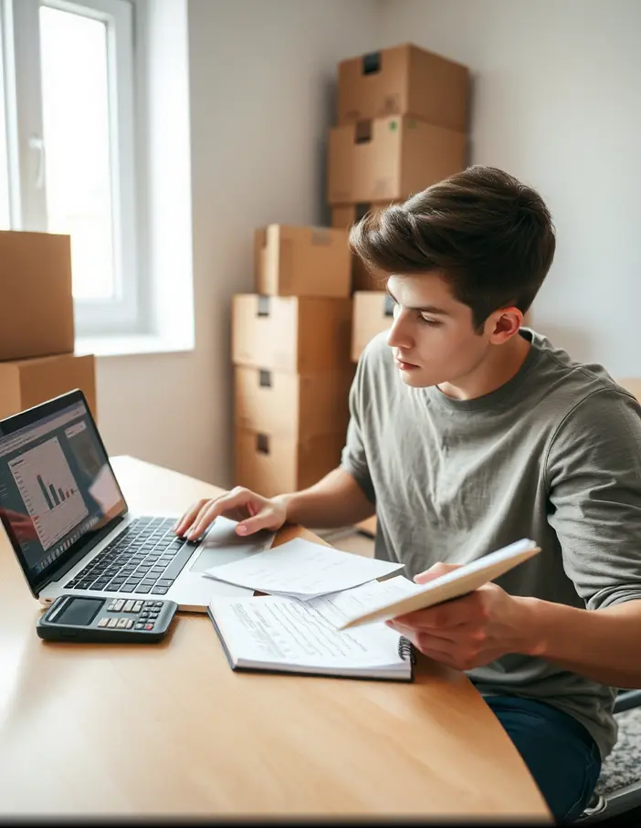 Personne estimant le budget d’un déménagement particulier avec ordinateur, calculatrice et cartons