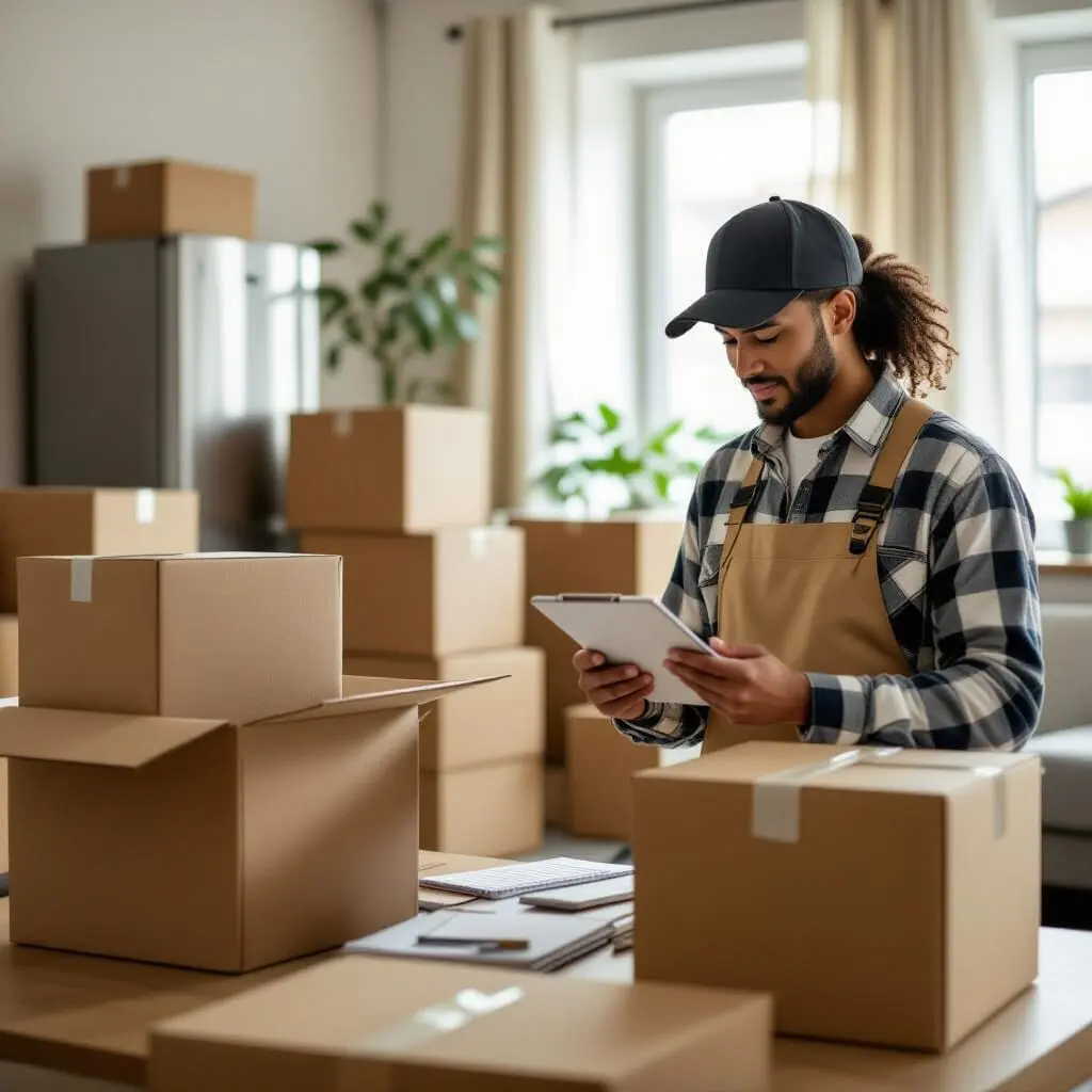 Personne mesurant et comptant cartons, meubles et électroménagers pour estimer le volume total d’un déménagement, illustration pratique et informative