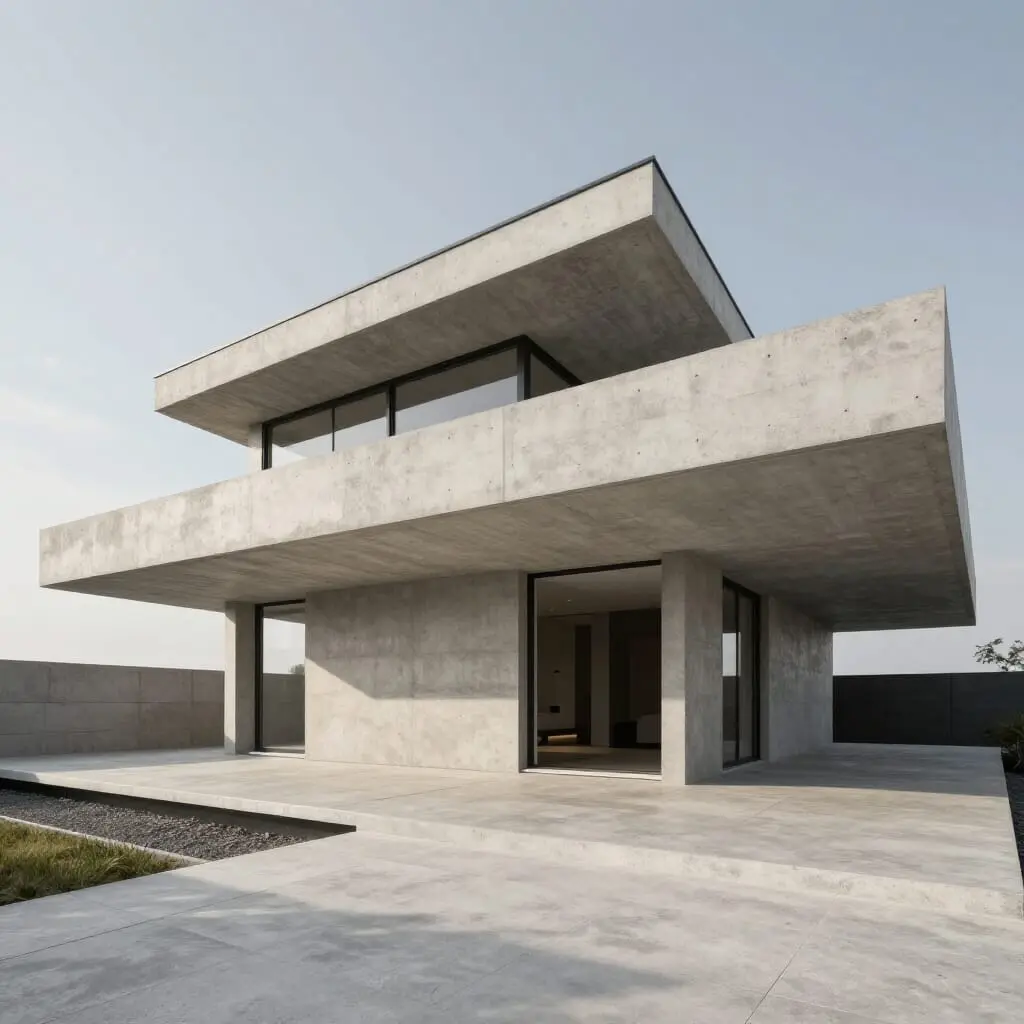 Charpente en béton d’une maison contemporaine avec toit plat, structure en béton armé visible et conception moderne
