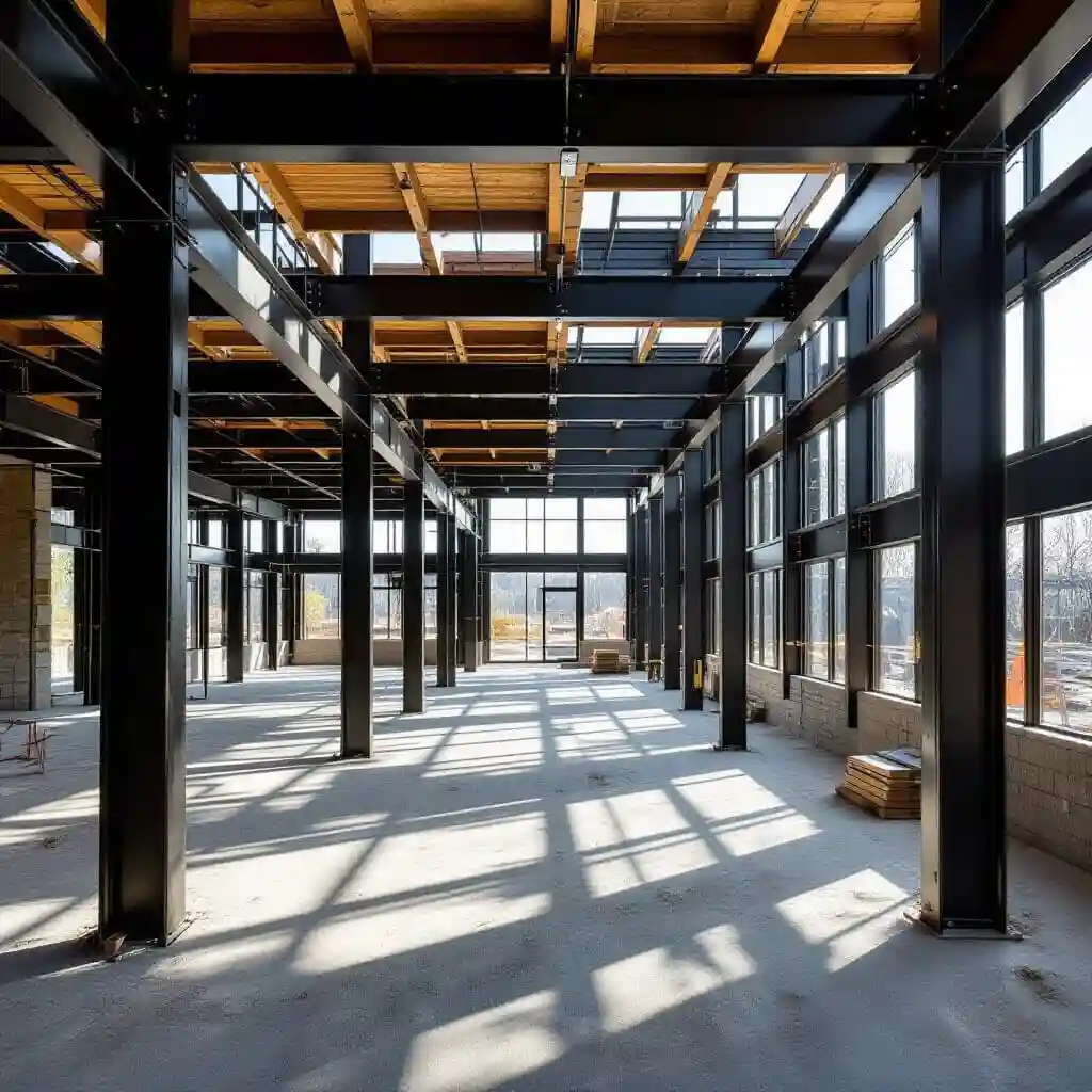 Charpente métallique moderne avec poutres en acier et assemblages visibles, vue intérieure d’un bâtiment en construction