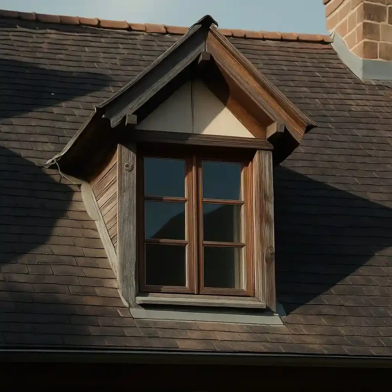 Détail d'un chien assis sur une toiture traditionnelle avec cadre en bois et tuiles