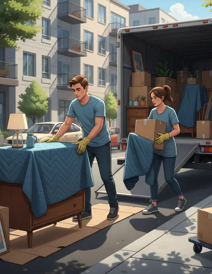 Couple déménageant seul, protégeant ses meubles avec des couvertures et cartons, chargeant un camion de déménagement sur une rue d’appartement urbaine