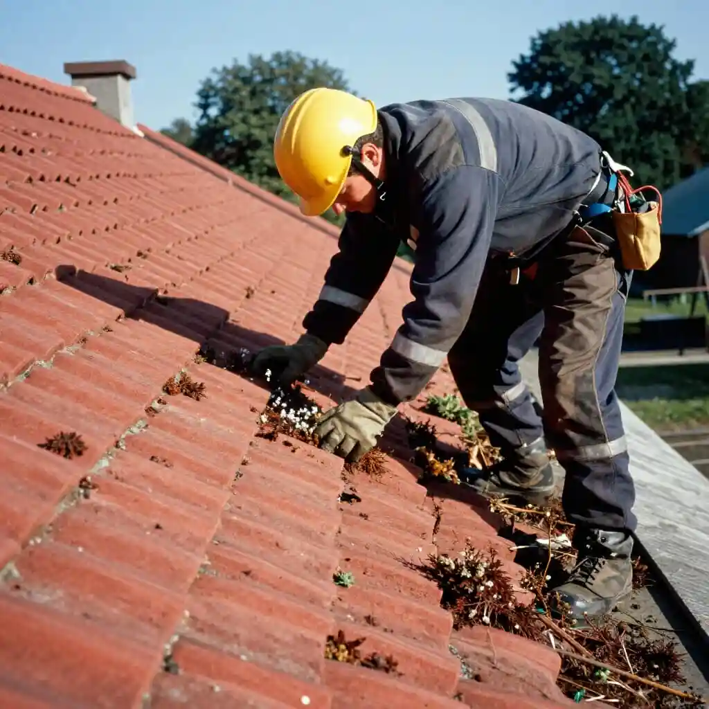 Couvreur effectuant un démoussage complet d’une toiture en tuiles rouges, éliminant mousses et lichens avec équipement de sécurité
