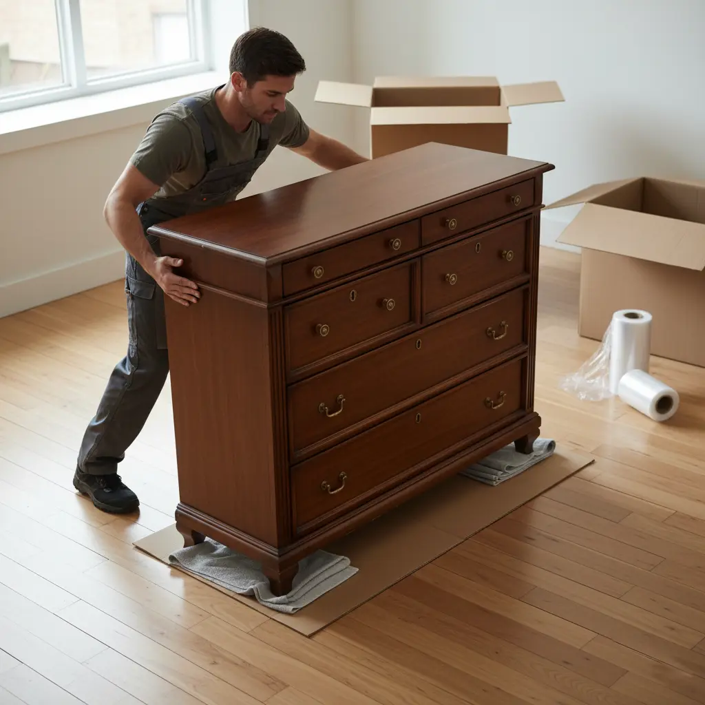 Déplacement d’un meuble lourd sans matériel professionnel : personne faisant glisser un meuble sur des serviettes et cartons, méthode sûre et progressive.