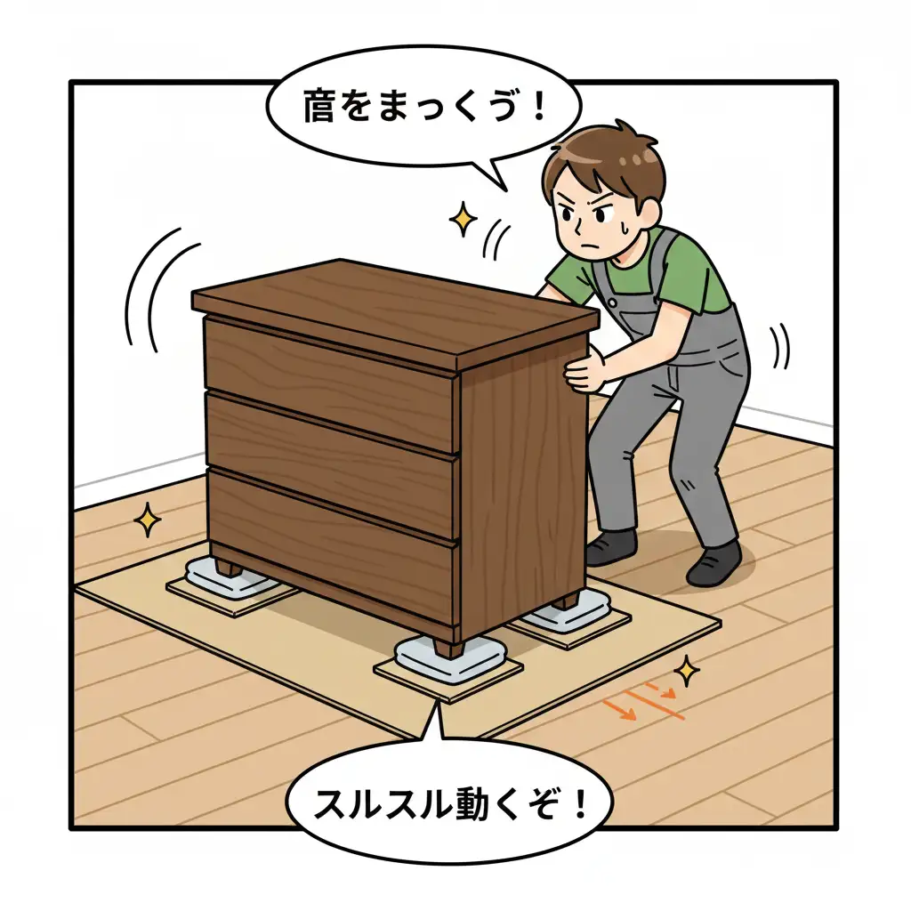 Personne déplaçant un meuble progressivement