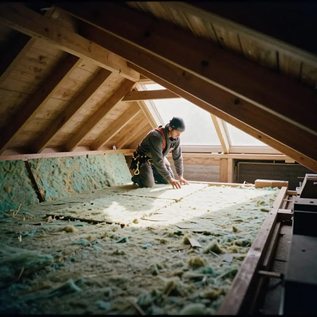 Pose d’isolant dans les combles d’une toiture avec ouvrier équipé, mettant en avant le confort thermique et les économies d’énergie