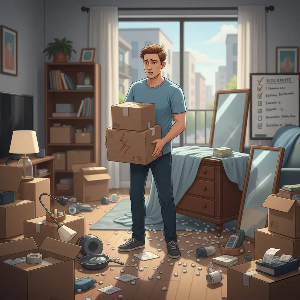 Personne stressée commettant des erreurs lors d’un déménagement seul, cartons renversés et meubles mal protégés dans un appartement
