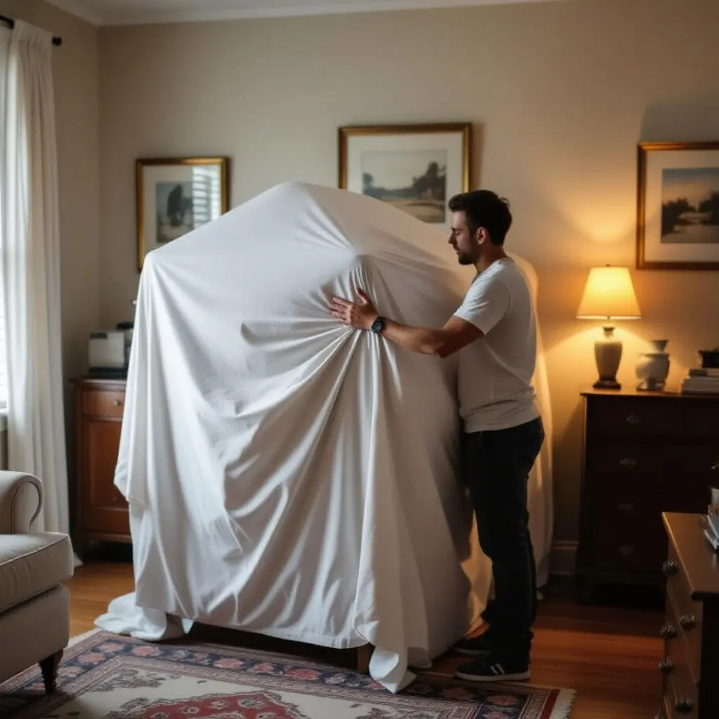 Personne protégeant ses meubles avec des couvertures et du carton avant un déménagement, entourée de cartons et meubles
