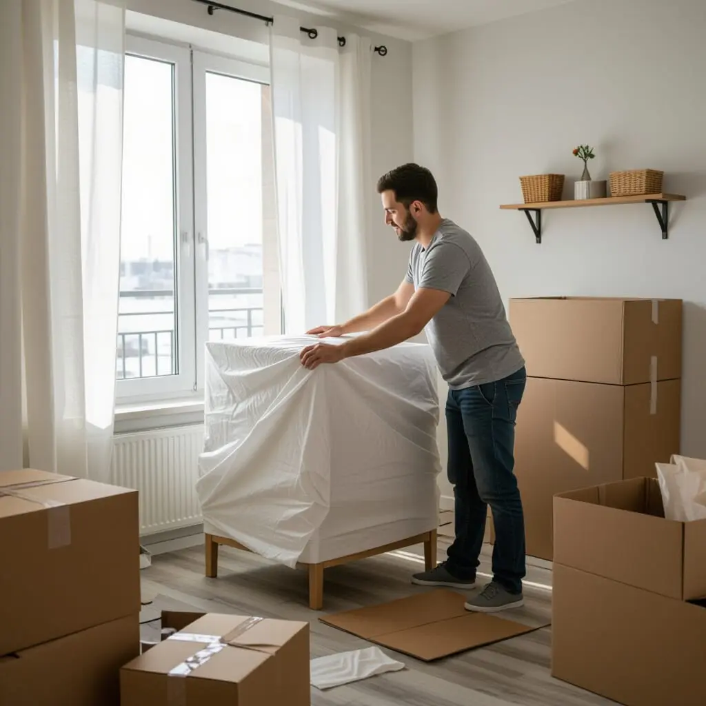 Personne déménageant seule, protégeant un meuble avec des couvertures et du carton, illustrant l’importance de la protection des meubles lors d’un déménagement.