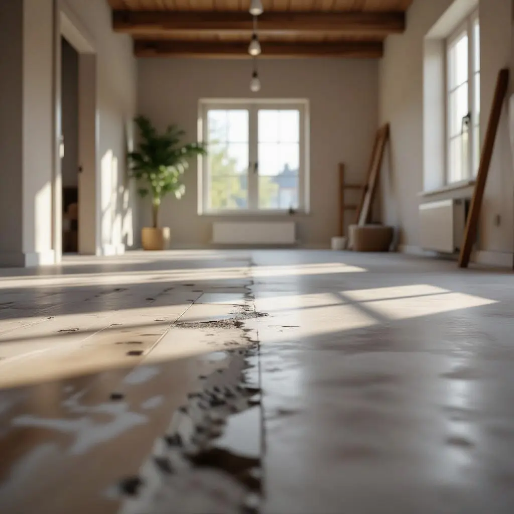 Avant et après ragréage montrant un sol irrégulier puis parfaitement lisse