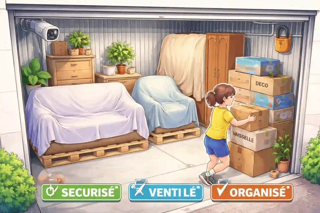 Garde-meuble sécurisé et bien organisé avec meubles surélevés sur palettes, recouverts de draps, cartons étiquetés, plantes et protection des angles, illustrant un stockage ventilé et organisé.