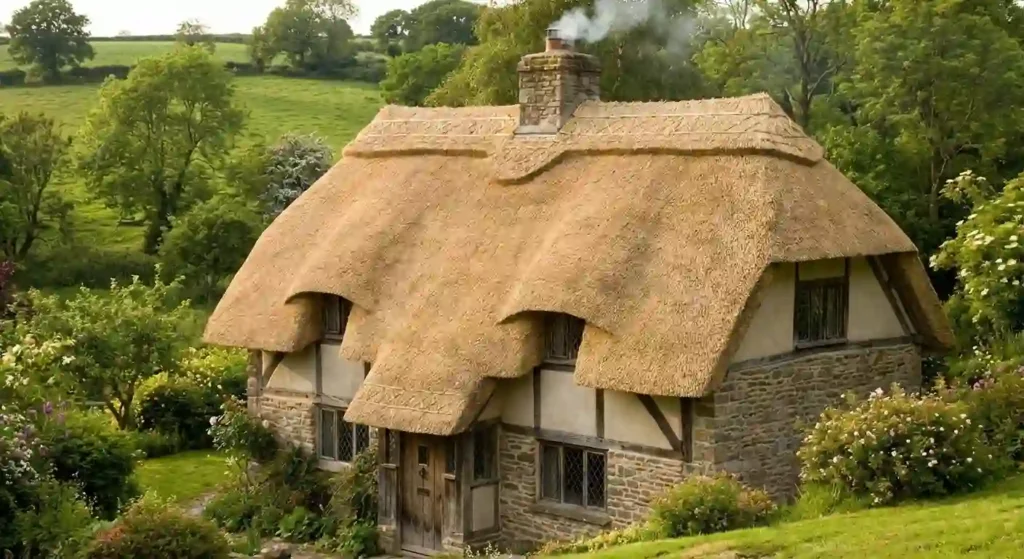 Maison traditionnelle avec toiture en chaume, paille bien serrée, toit épais et arrondi, cheminée en pierre