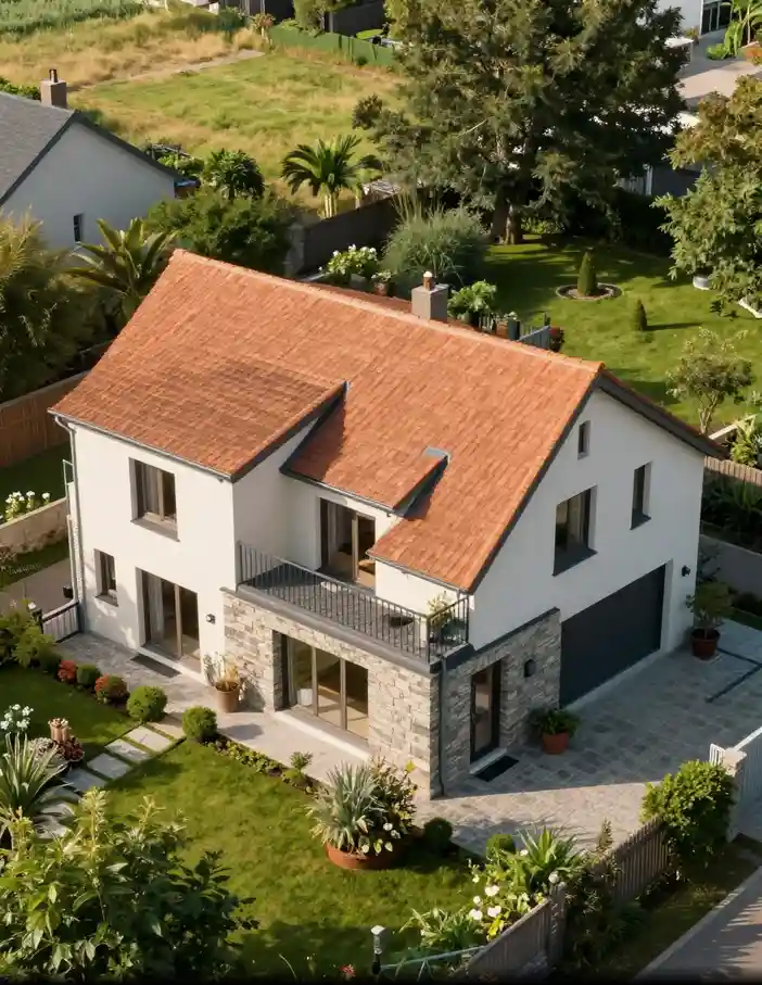 Toiture de maison neuve avec tuiles, charpente visible, jardin verdoyant