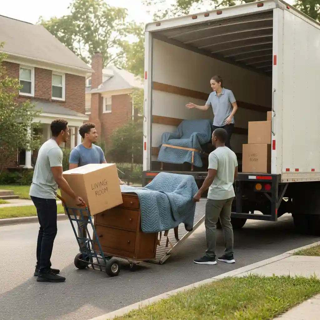Organisation et transport le jour du déménagement : particuliers chargent un camion utilitaire avec cartons étiquetés et meubles protégés, répartition du poids et sécurité optimales