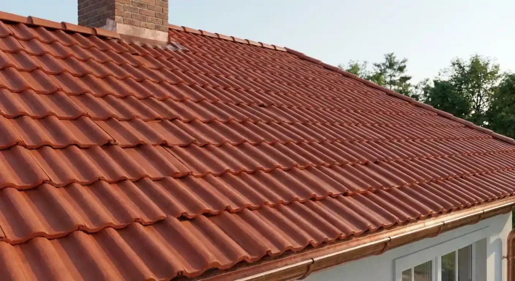 Toiture de maison avec tuiles à emboîtement en terre cuite rouge, alignées et uniformes