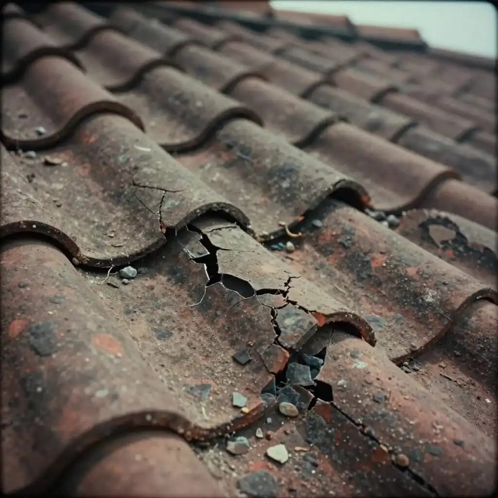 Gros plan sur des tuiles de toiture cassées et fissurées, montrant l’usure et les dégâts visibles