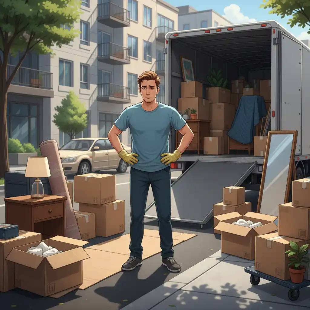 Jeune adulte hésitant devant un camion de déménagement, entouré de cartons et meubles, réfléchissant à déménager seul
