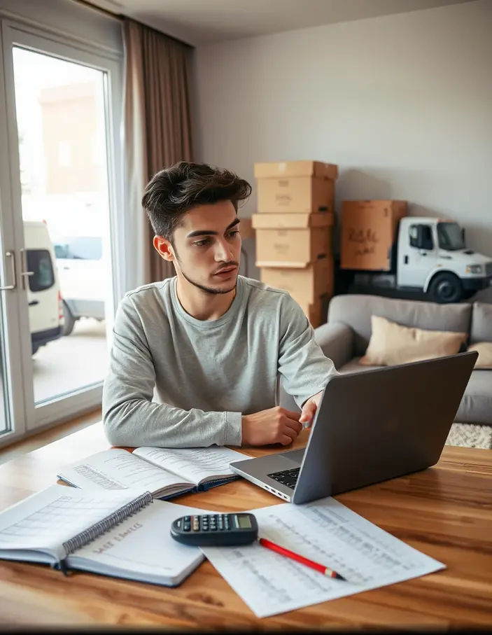 Personne calculant le budget d’un déménagement seul avec cartons et camion de location