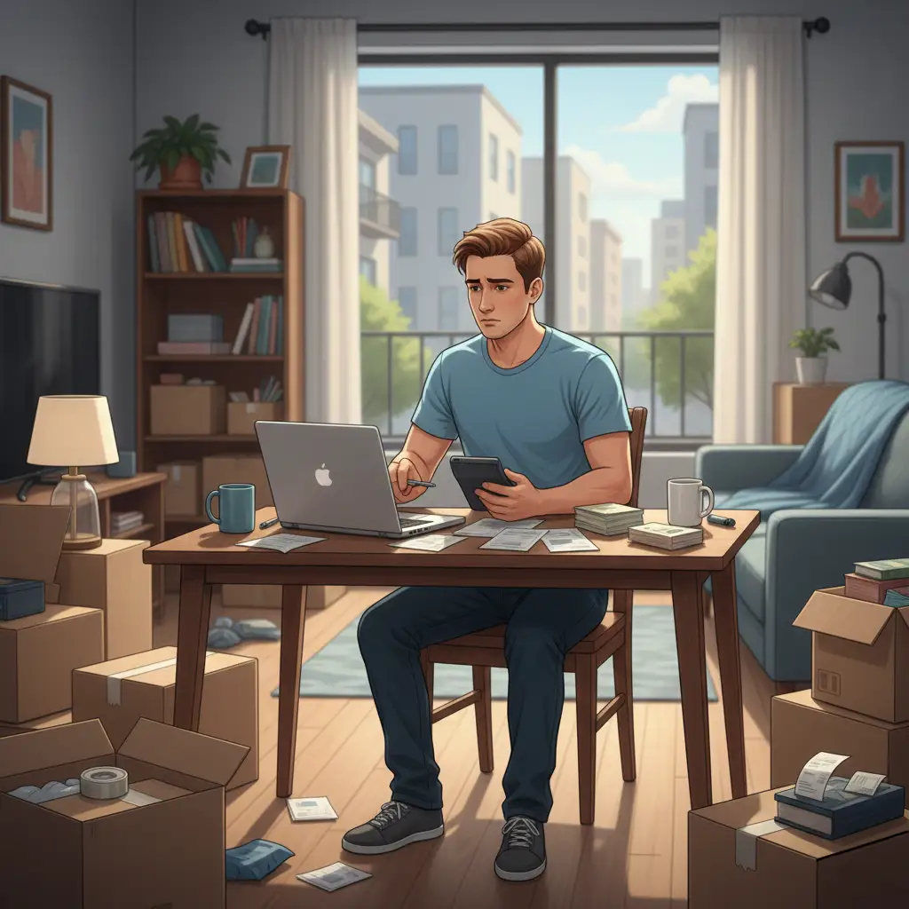 Personne calculant le budget réel d’un déménagement avec calculatrice et ordinateur, entourée de cartons et meubles, réfléchissant aux coûts
