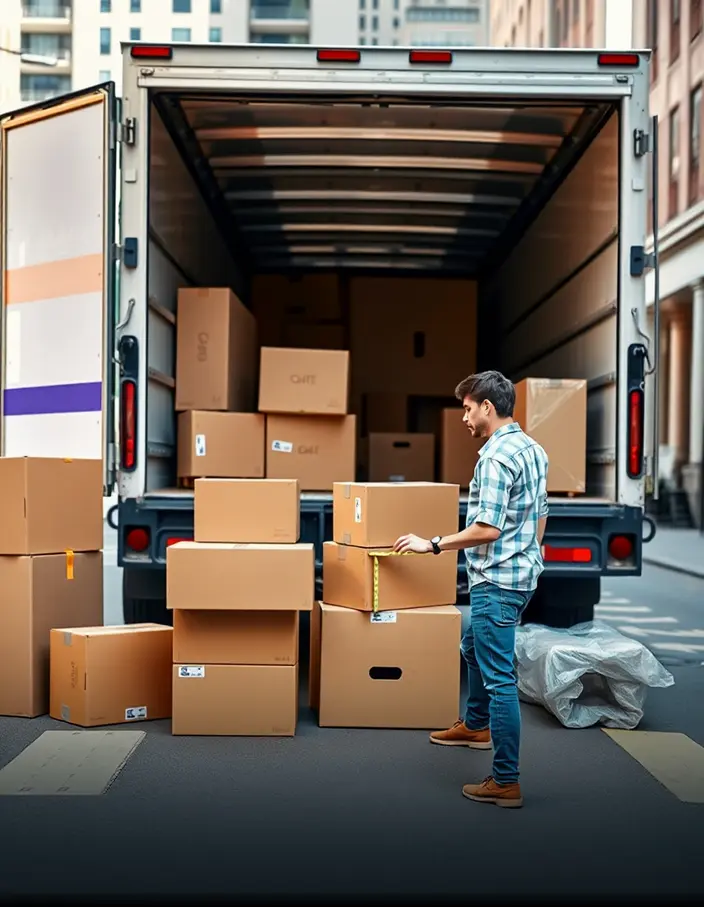 Personne mesurant des meubles et comptant des cartons devant un camion de déménagement, planifiant le volume réel à transporter
