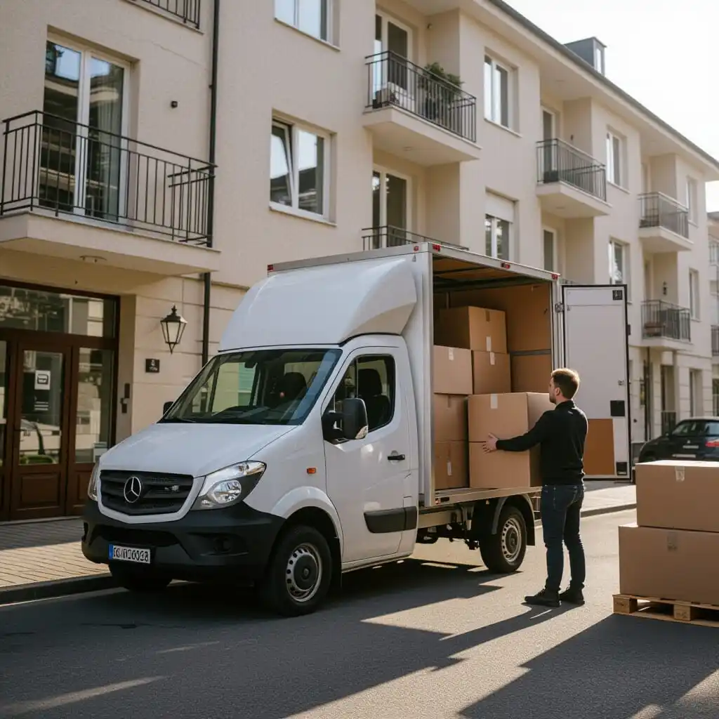 Camion de déménagement en cours de chargement devant un appartement, avec cartons et meubles, illustrant le choix du véhicule pour un déménagement particulier