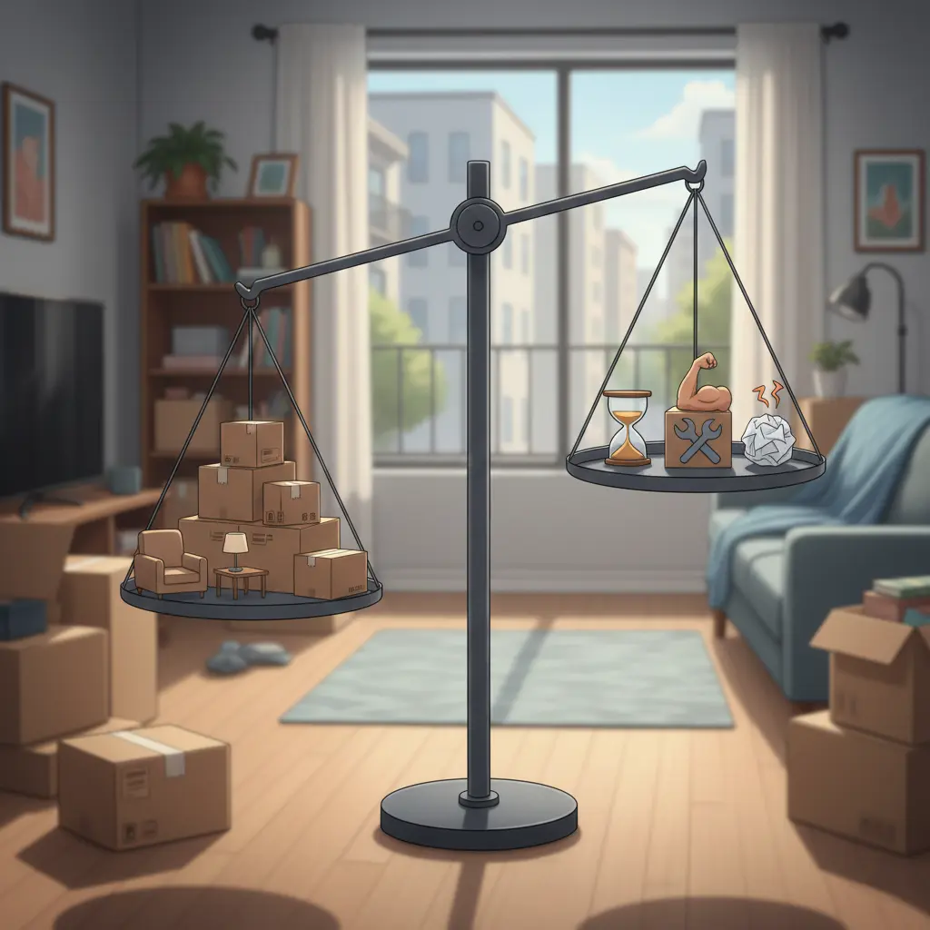 Illustration symbolique d’une balance représentant l’arbitrage entre budget, effort et organisation pour déménager seul