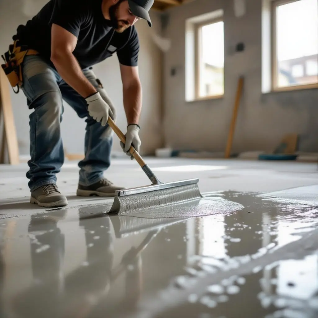 Application d’un ragréage autolissant sur un sol intérieur avec une taloche