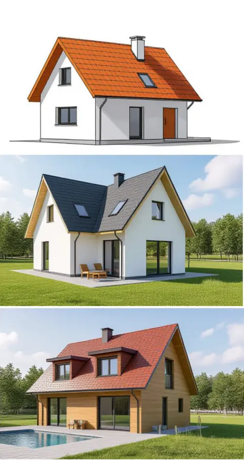 Schéma pédagogique montrant différents types de toitures en pente : 2 pans, 4 pans, mansardée